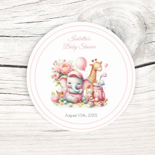 Pink Baby Girl Elephant & Giraffe Golf Baby Shower Classic Round Sticker
