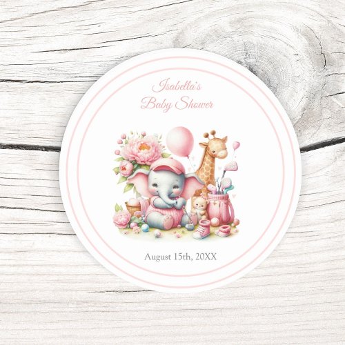 Pink Baby Girl Elephant  Giraffe Golf Baby Shower Classic Round Sticker