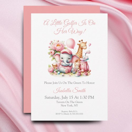 Pink Baby Girl Elephant  Giraffe Golf Baby Shower Invitation