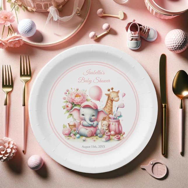 Pink Baby Girl Elephant & Giraffe Golf Baby Shower Paper Plates (Have your guest eat off this sweet coordinating baby shower paper plate. )