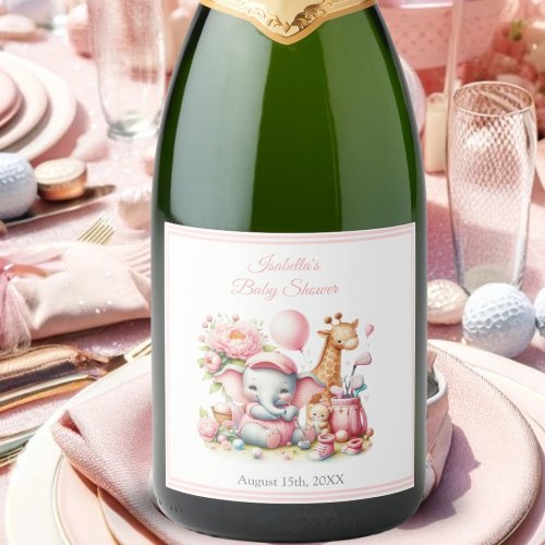 Pink Baby Girl Elephant  Giraffe Golf Baby Shower Sparkling Wine Label