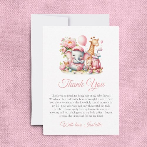 Pink Baby Girl Elephant  Giraffe Golf Baby Shower Thank You Card