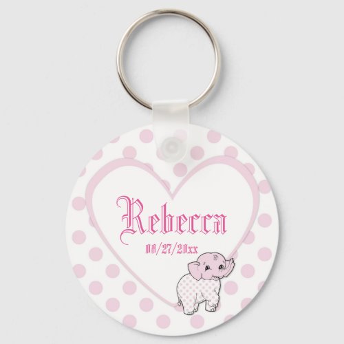 Pink Baby Girl Elephant Heart and Polka Dots Keychain