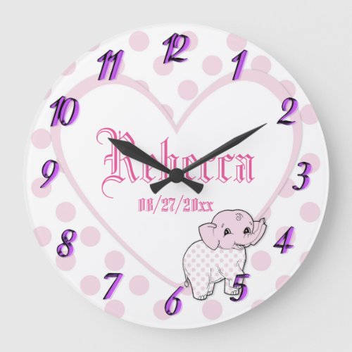 Pink Baby Girl Elephant Heart and Polka Dots Large Clock