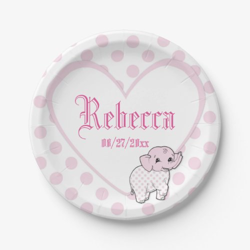 Pink Baby Girl Elephant Heart and Polka Dots Paper Plates