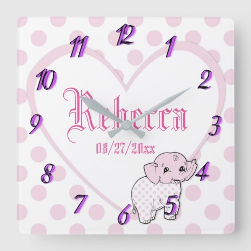 Pink Baby Girl Elephant Heart and Polka Dots Square Wall Clock