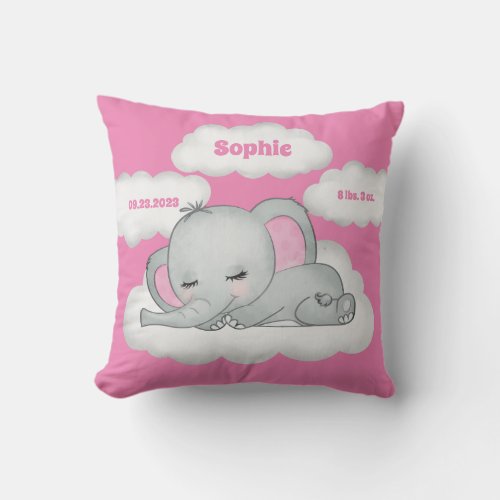 Pink Baby Girl Elephant Keepsake Name Birth Stats Throw Pillow