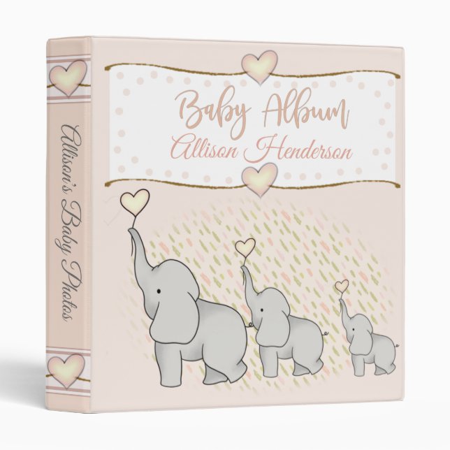 Pink Baby Girl  Elephant Photo Album 3 Ring Binder (Front/Spine)