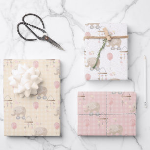 Pink Baby Girl Elephant Wrapping Paper Sheets