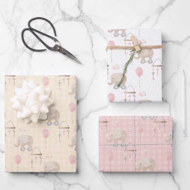 Pink Baby Girl Elephant  Wrapping Paper Sheets (Front)