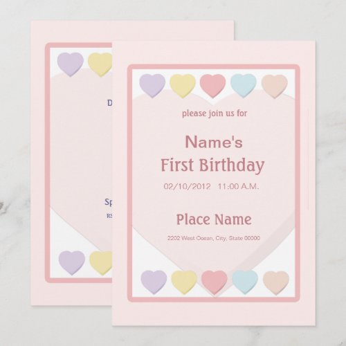 Pink Baby Girl First Birthday Hearts Invitation