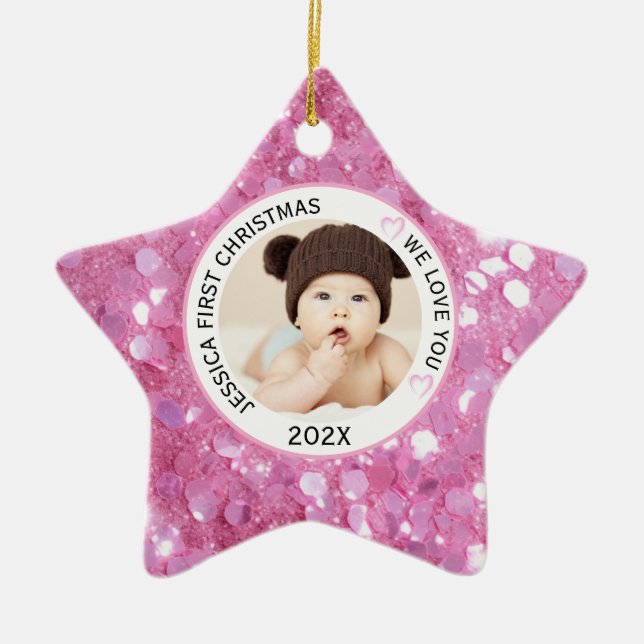 Pink Baby Girl First Christmas Name Photo  Ceramic Ornament (Front)