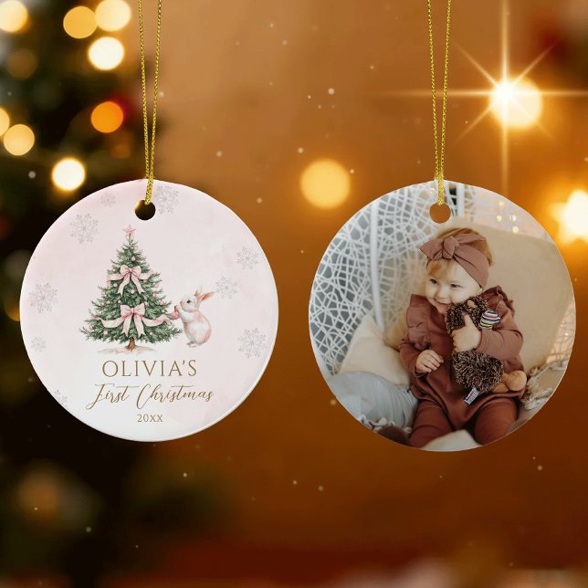 Pink Baby Girl First Christmas Snowflakes Photo Ceramic Ornament (Creator Uploaded)