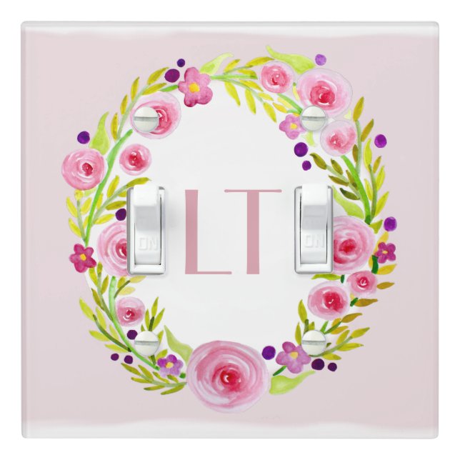 Pink Baby Girl Flower Wreath Monogram Nursery Light Switch Cover (In Situ)