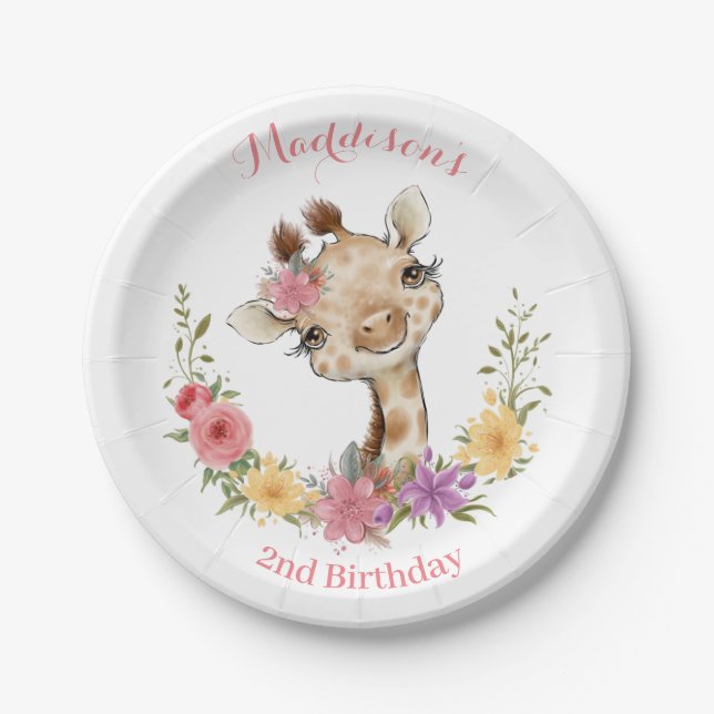 Pink Baby  Girl Giraffe Birthday Paper Plates (Front)