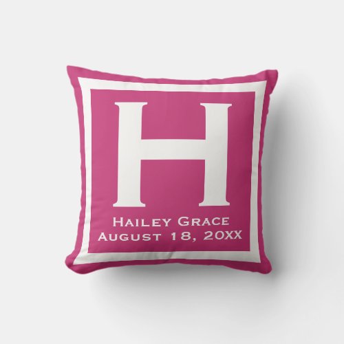 Pink Baby Girl Initial Name Birthday Newborn Baby Throw Pillow