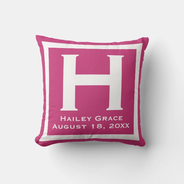 Pink Baby Girl Initial Name Birthday Newborn Baby Throw Pillow (Front)