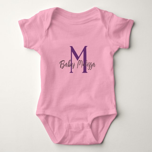 pink baby girl monogram name personalize minimal bodysuit (Front)
