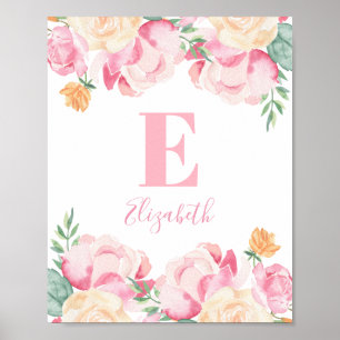 Pink baby girl monogram. Nursery flowers name Poster