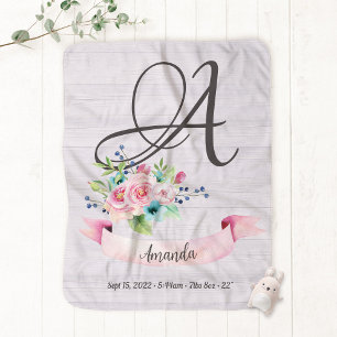 Pink Baby Girl Monogrammed Watercolor Flowers Name Blanket