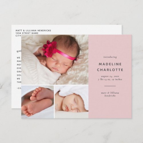 Pink Baby Girl Multi_Photo Newborn Announcement Postcard