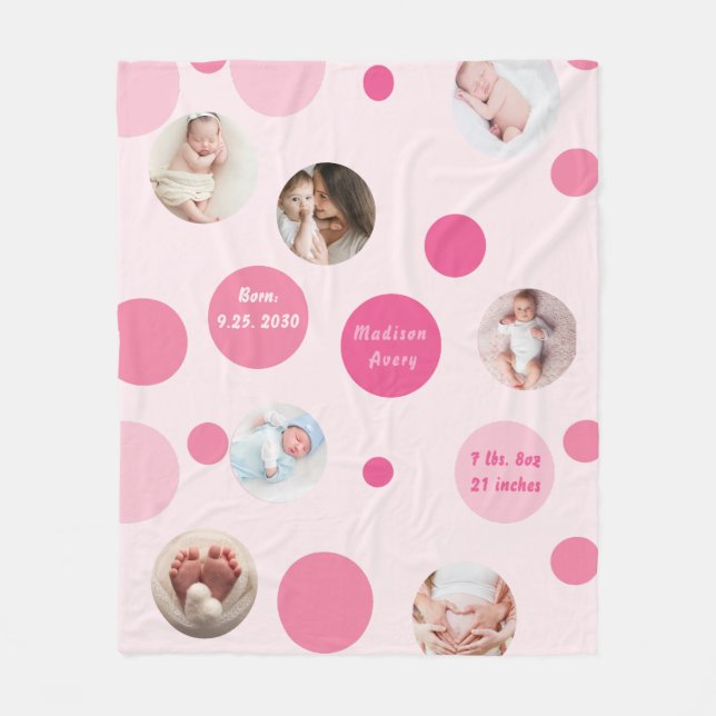 Pink Baby Girl Name Birth date stat custom photos  Fleece Blanket (Front)