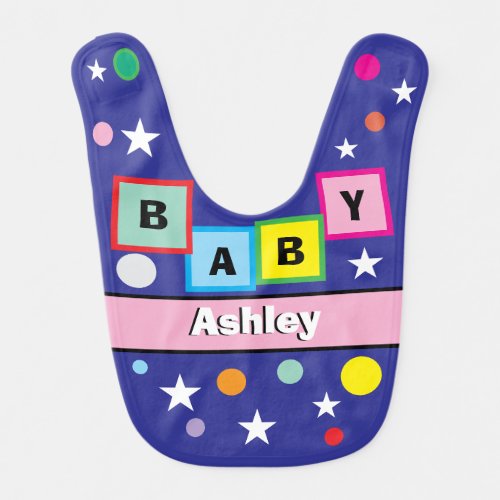 Pink Baby Girl Name Blocks Circles Stars  Bib
