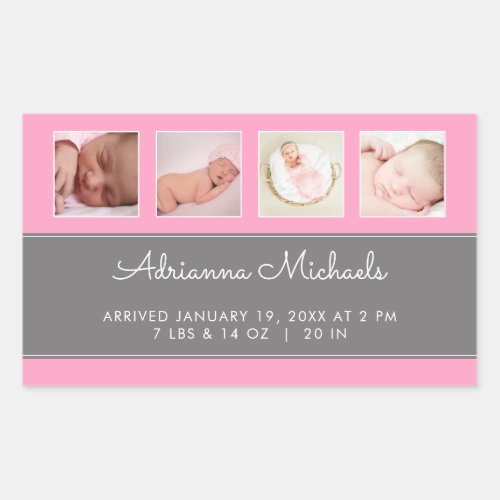 Pink Baby Girl Newborn Photo Collage Announcement  Rectangular Sticker