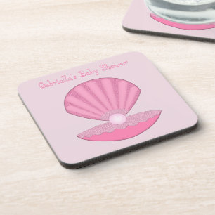 Pink Baby Girl Oyster shell and Pearl Baby Shower Beverage Coaster