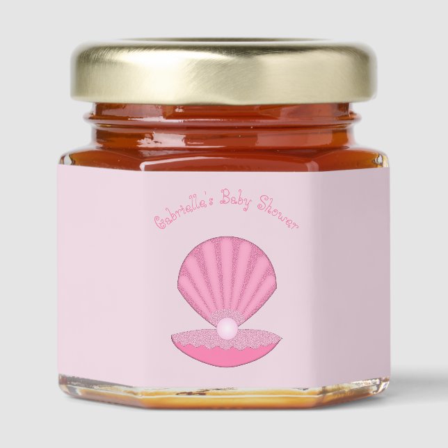 Pink Baby Girl Oyster shell and Pearl Baby Shower Honey Jar Favors (Front)