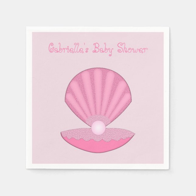 Pink Baby Girl Oyster shell and Pearl Baby Shower Napkins (Front)
