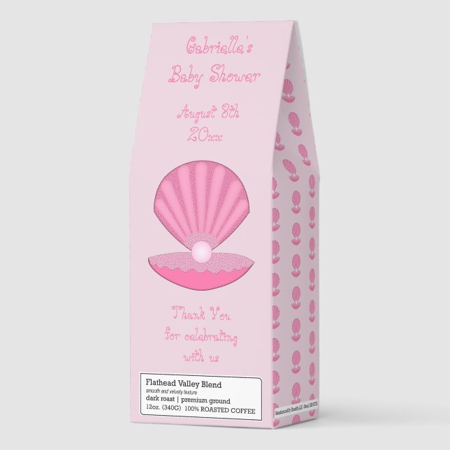 Pink Baby Girl Oyster shell and Pearl Baby Shower Roasted Coffee (Front)