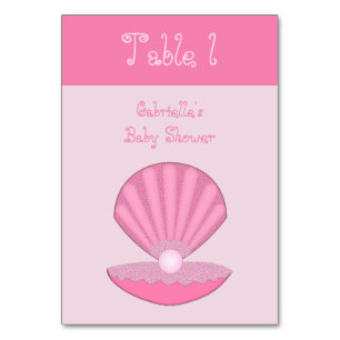 Pink Baby Girl Oyster shell and Pearl Baby Shower Table Number
