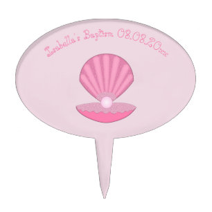 Pink Baby Girl Oyster shell and Pearl Baptism Cake Topper