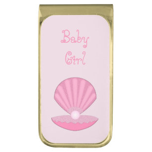 Pink Baby Girl Oyster shell and Pearl Custom Gold Finish Money Clip