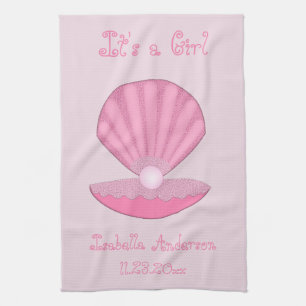 Pink Baby Girl Oyster shell and Pearl Custom Kitchen Towel