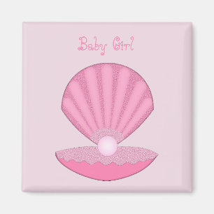 Pink Baby Girl Oyster shell and Pearl Custom Magnet