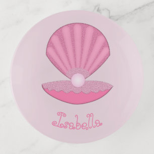 Pink Baby Girl Oyster shell and Pearl Custom Name Trinket Tray