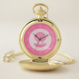 Pink Baby Girl Oyster shell and Pearl Pocket Watch