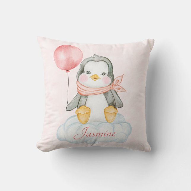 Pink Baby Girl Penguin Throw Pillow (Front)