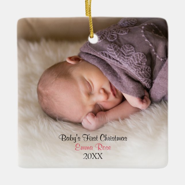 Pink Baby Girl Photo Babys First Christmas Ceramic Ornament (Front)