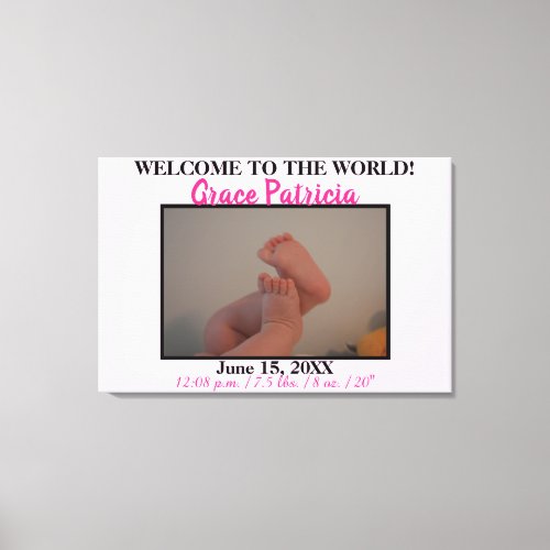 Pink Baby Girl Photo Birth Stats Canvas Print