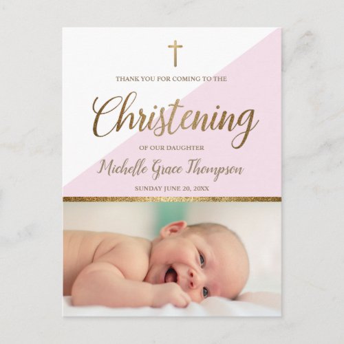 Pink Baby Girl Photo Christening Thank You Postcard