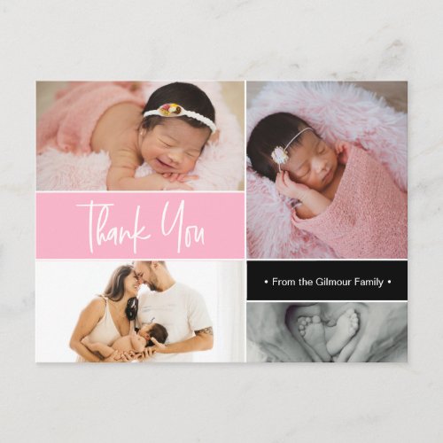 Pink Baby Girl Photo collage Birth Intro Thank You Postcard