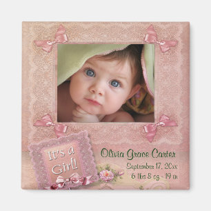Pink Baby Girl Photo Frame Birth Magnets