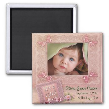 Pink Baby Girl Photo Frame Birth Magnets by decembermorning at Zazzle