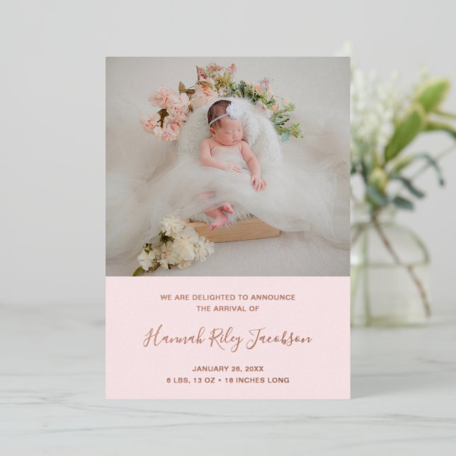 Pink Baby Girl Photo Modern Birth Announcement (Standing Front)