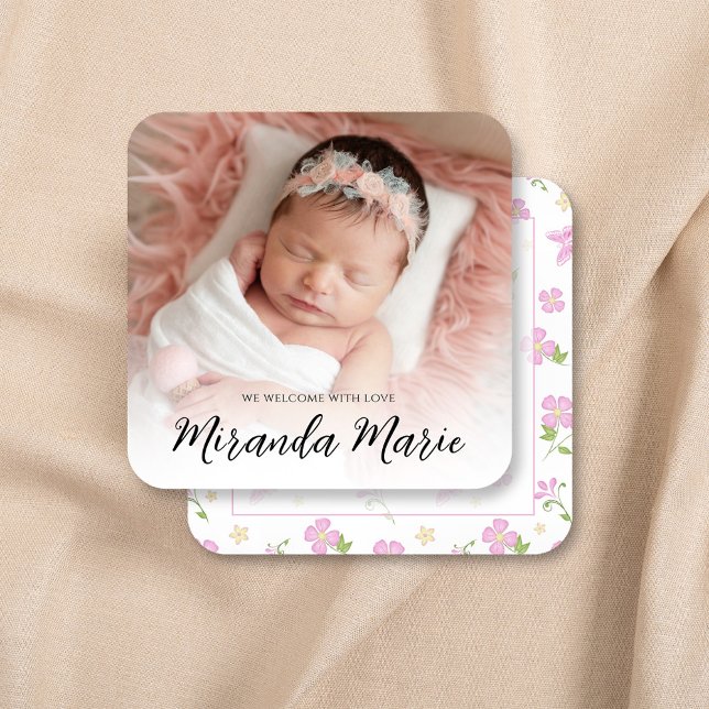 Pink Baby Girl Photo Template Floral  (Baby photo announcement with pretty pink floral rose pattern. )