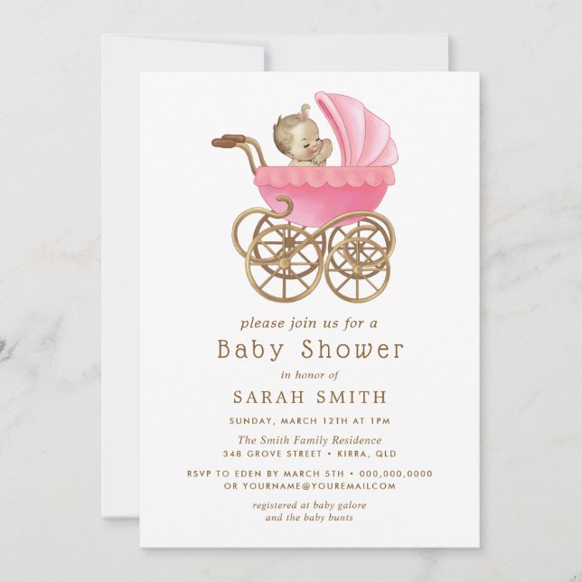 Pink Baby Girl Pram Stoller Baby Shower Invitation (Front)