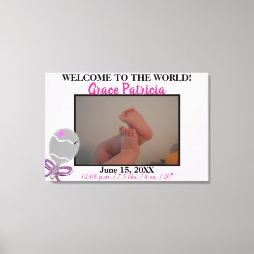 Pink Baby Girl Rattle Birth Stats 36 x 24 PHOTO Canvas Print